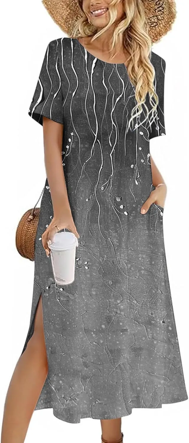 Womens Boho Dress Floral Casual Beach Vcation T Shirt Dress Sexy Side Slit a-Line Mini Dress with Pockets