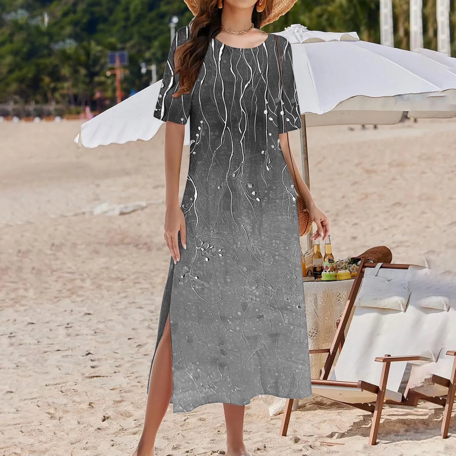 Womens Boho Dress Floral Casual Beach Vcation T Shirt Dress Sexy Side Slit a-Line Mini Dress with Pockets