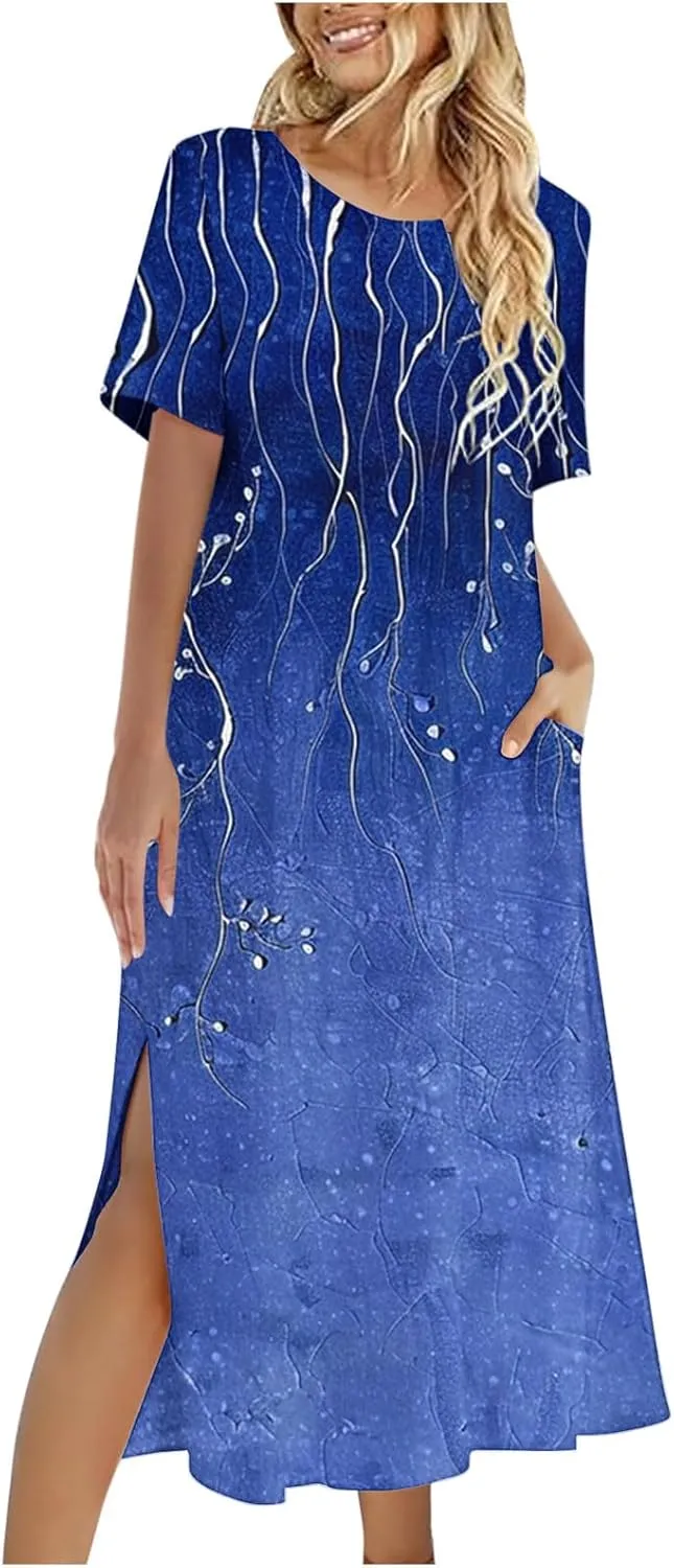 Womens Boho Dress Floral Casual Beach Vcation T Shirt Dress Sexy Side Slit a-Line Mini Dress with Pockets