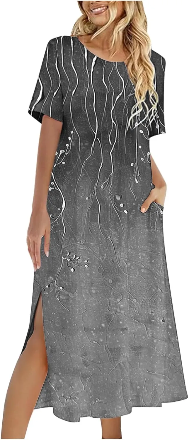 Womens Boho Dress Floral Casual Beach Vcation T Shirt Dress Sexy Side Slit a-Line Mini Dress with Pockets