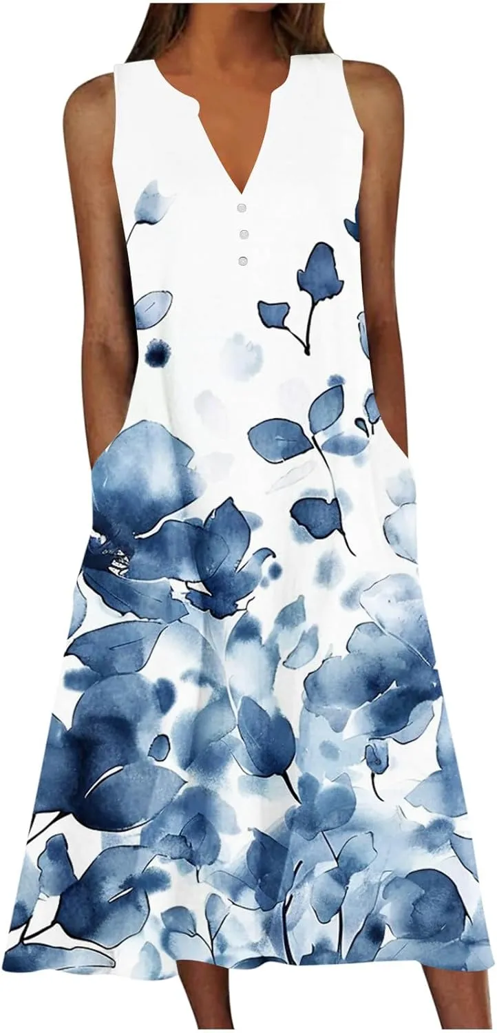 Womens Boho Floral Elegant V Dress Beach Wedding Guest Sundresses Comfortable Soft Dress Long Flowy Trendy Dresses
