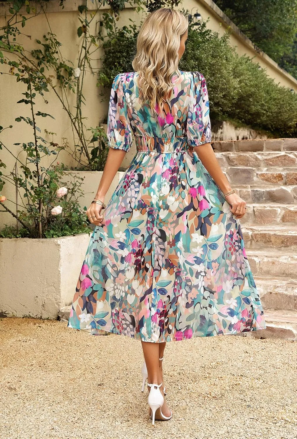 Womens Boho Floral V Neck Maxi Dress Summer Short Sleeve Elastic Waist Casual Flowy Long Dress