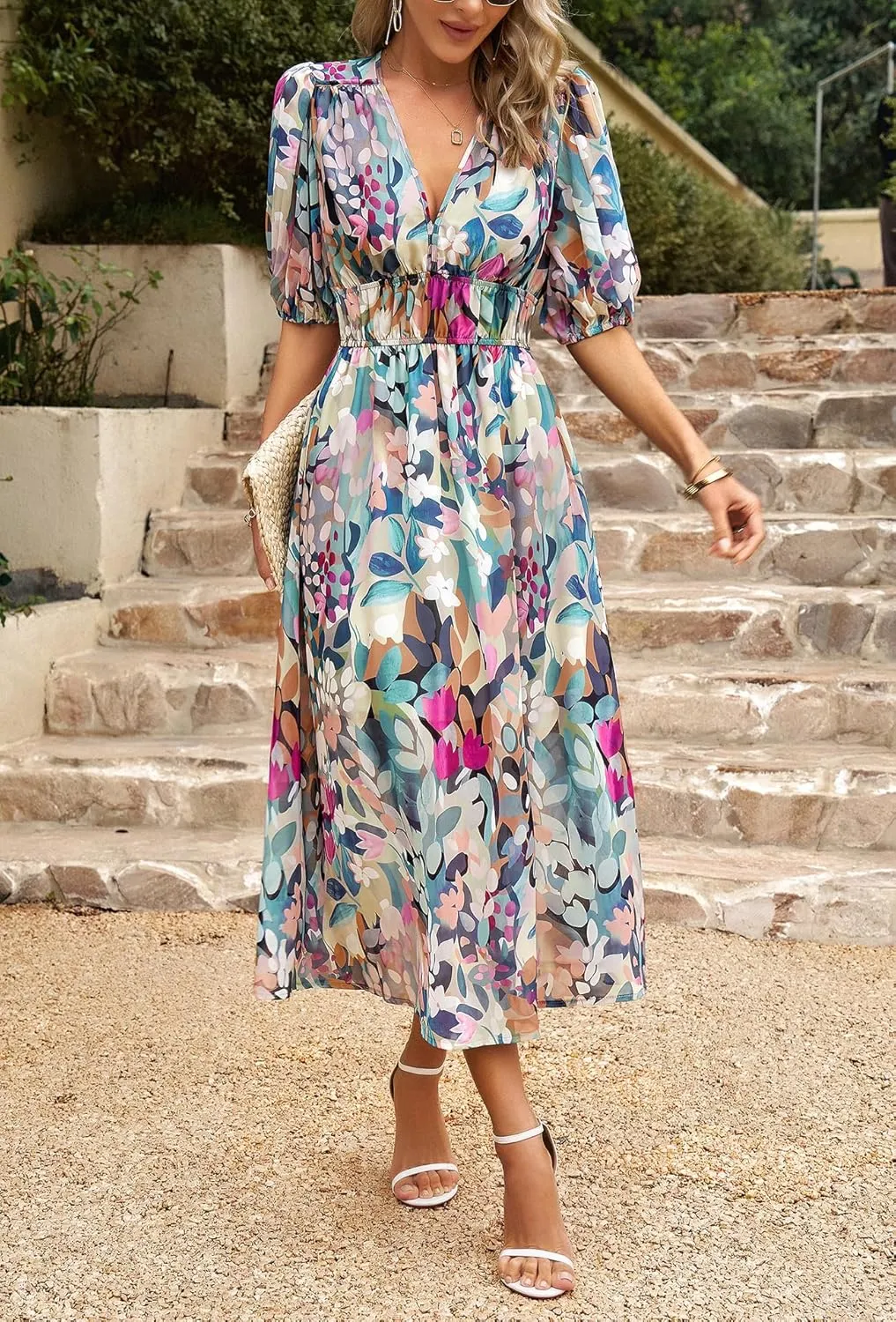 Womens Boho Floral V Neck Maxi Dress Summer Short Sleeve Elastic Waist Casual Flowy Long Dress