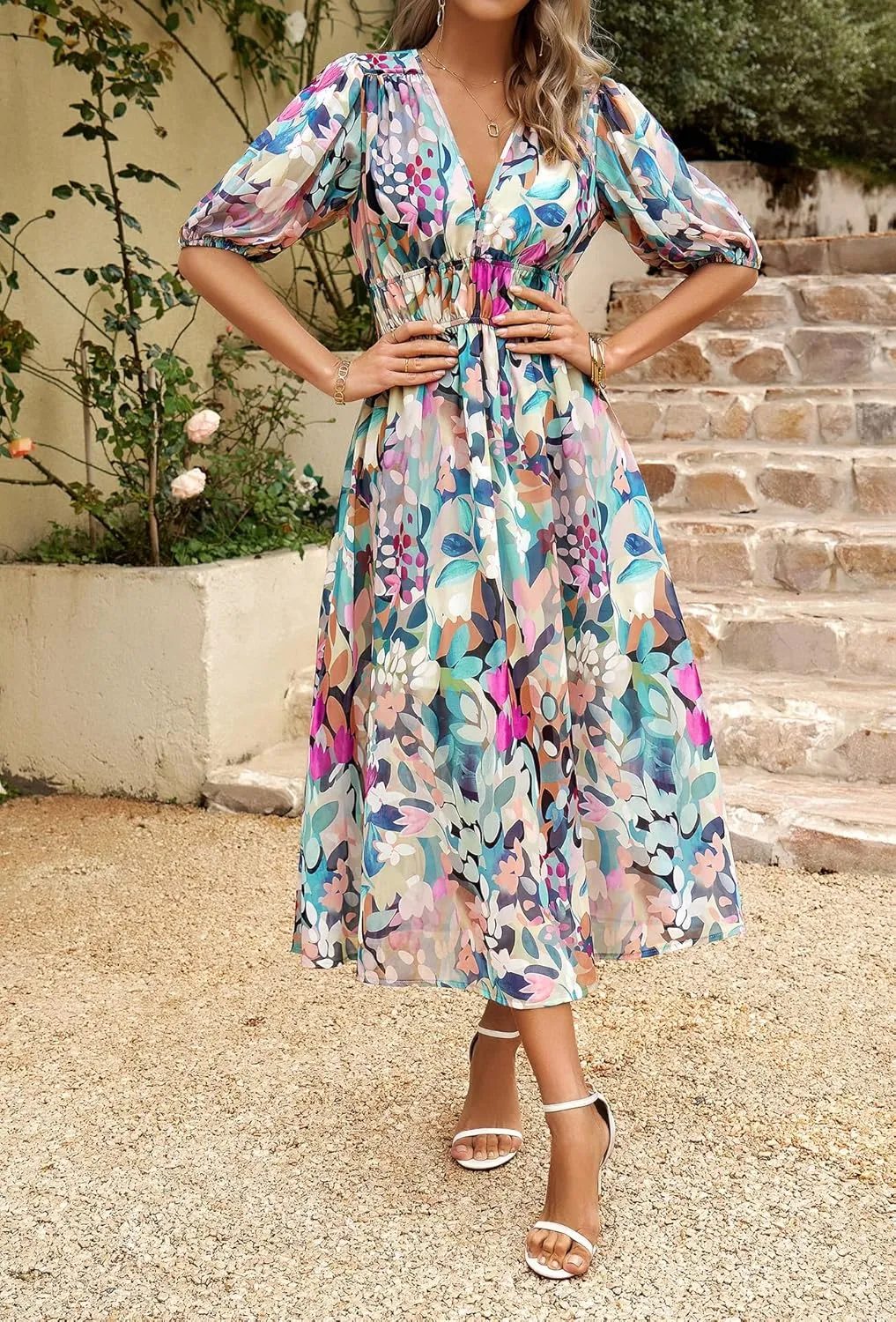 Womens Boho Floral V Neck Maxi Dress Summer Short Sleeve Elastic Waist Casual Flowy Long Dress