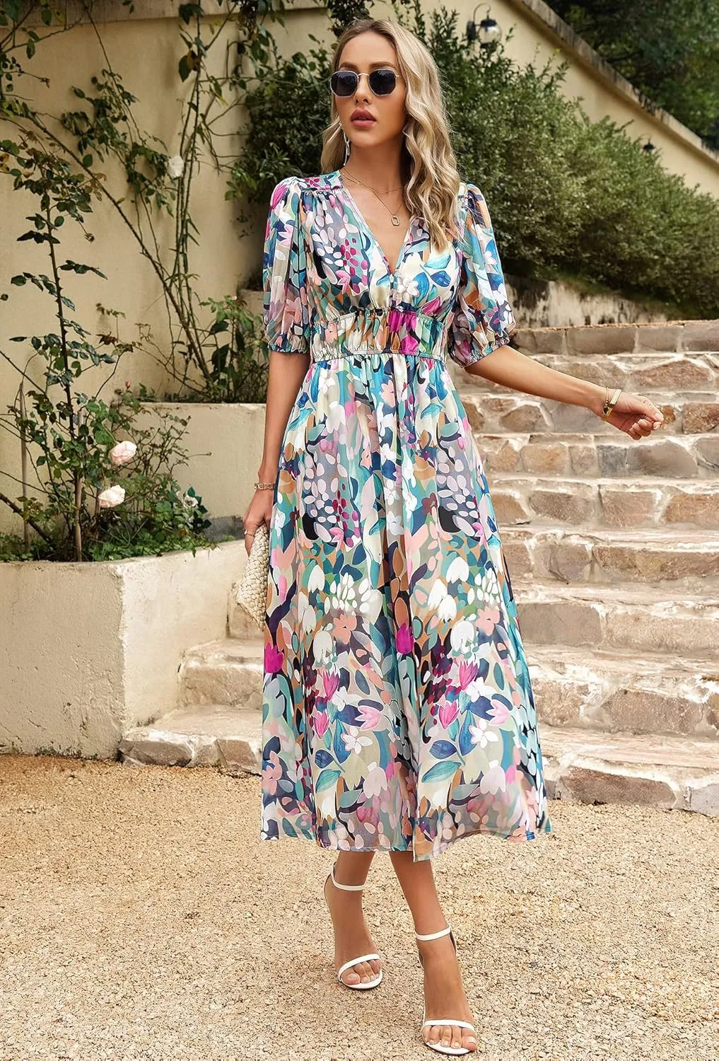 Womens Boho Floral V Neck Maxi Dress Summer Short Sleeve Elastic Waist Casual Flowy Long Dress