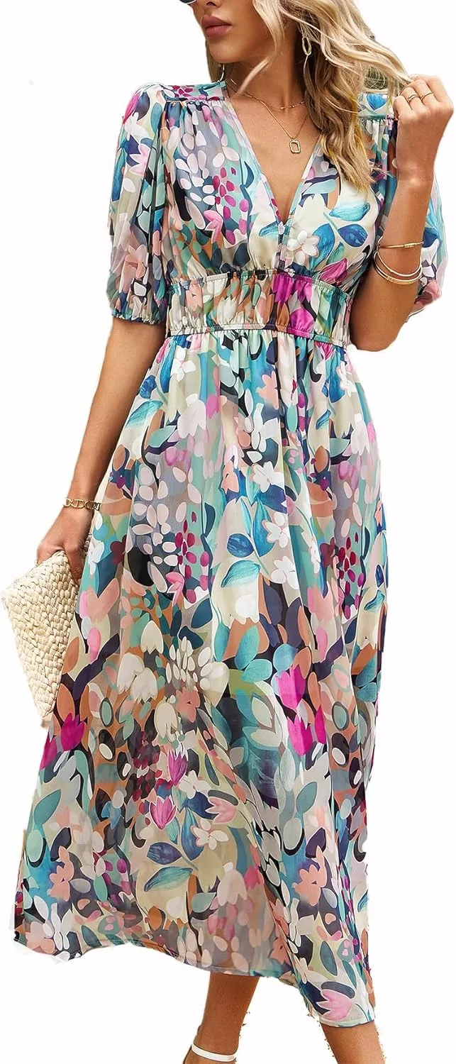 Womens Boho Floral V Neck Maxi Dress Summer Short Sleeve Elastic Waist Casual Flowy Long Dress