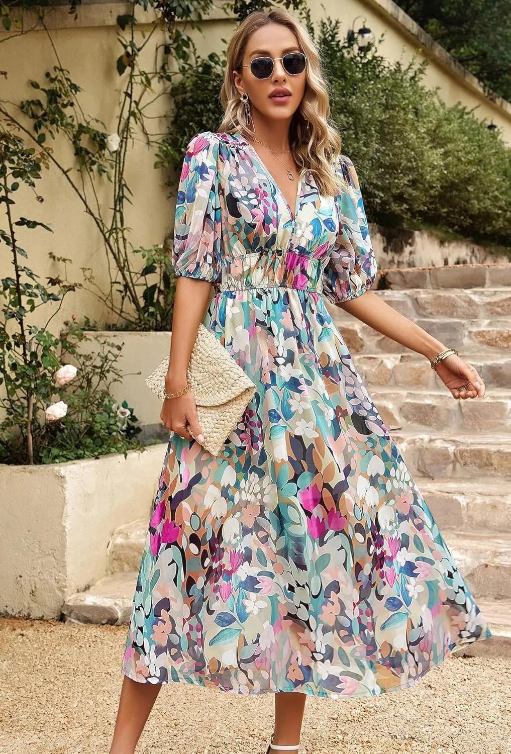 Womens Boho Floral V Neck Maxi Dress Summer Short Sleeve Elastic Waist Casual Flowy Long Dress