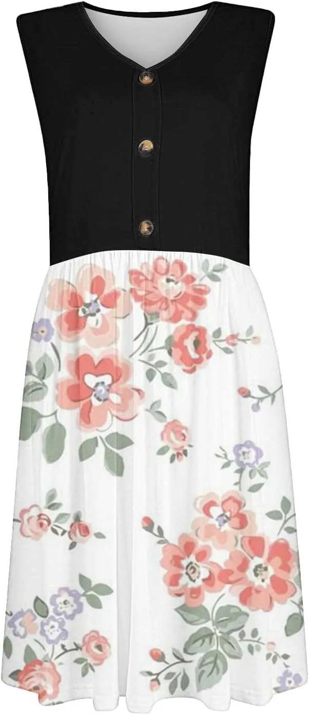 Women's Casual Summer Dress Sleeveless Sundress Hankerchief Hem Midi Tank Dresses Beach Dress with Pockets