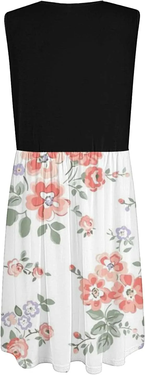 Women's Casual Summer Dress Sleeveless Sundress Hankerchief Hem Midi Tank Dresses Beach Dress with Pockets