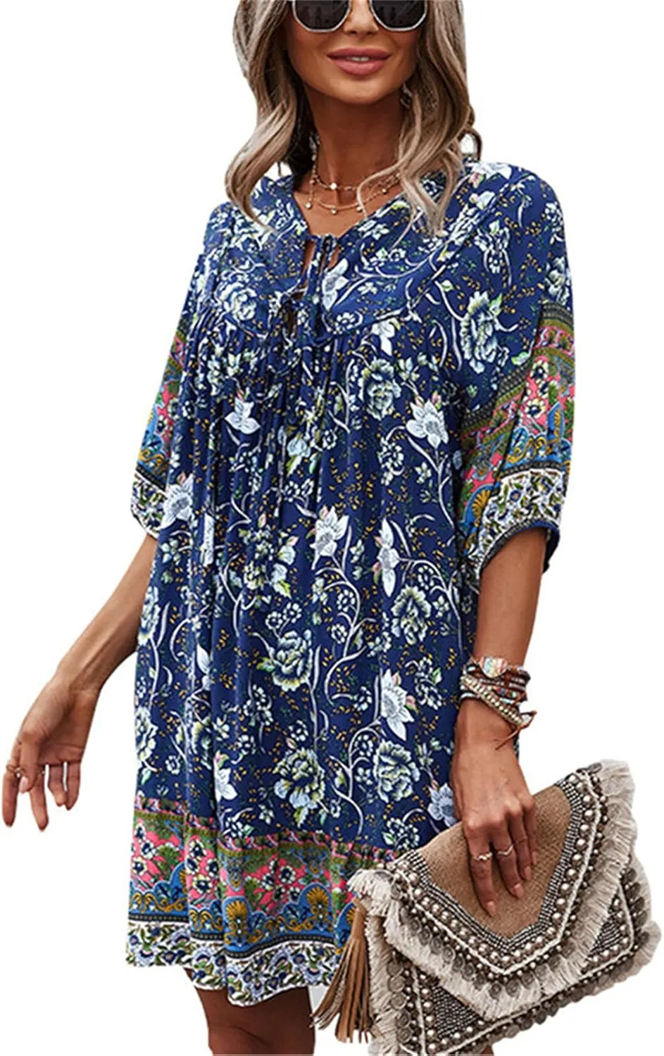 Women's Dress Bohemian Summer Dress 3/4 Sleeve Floral Printed Casual Mini Dresses Navy L