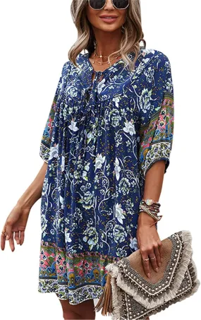 Women's Dress Bohemian Summer Dress 3/4 Sleeve Floral Printed Casual Mini Dresses Navy L