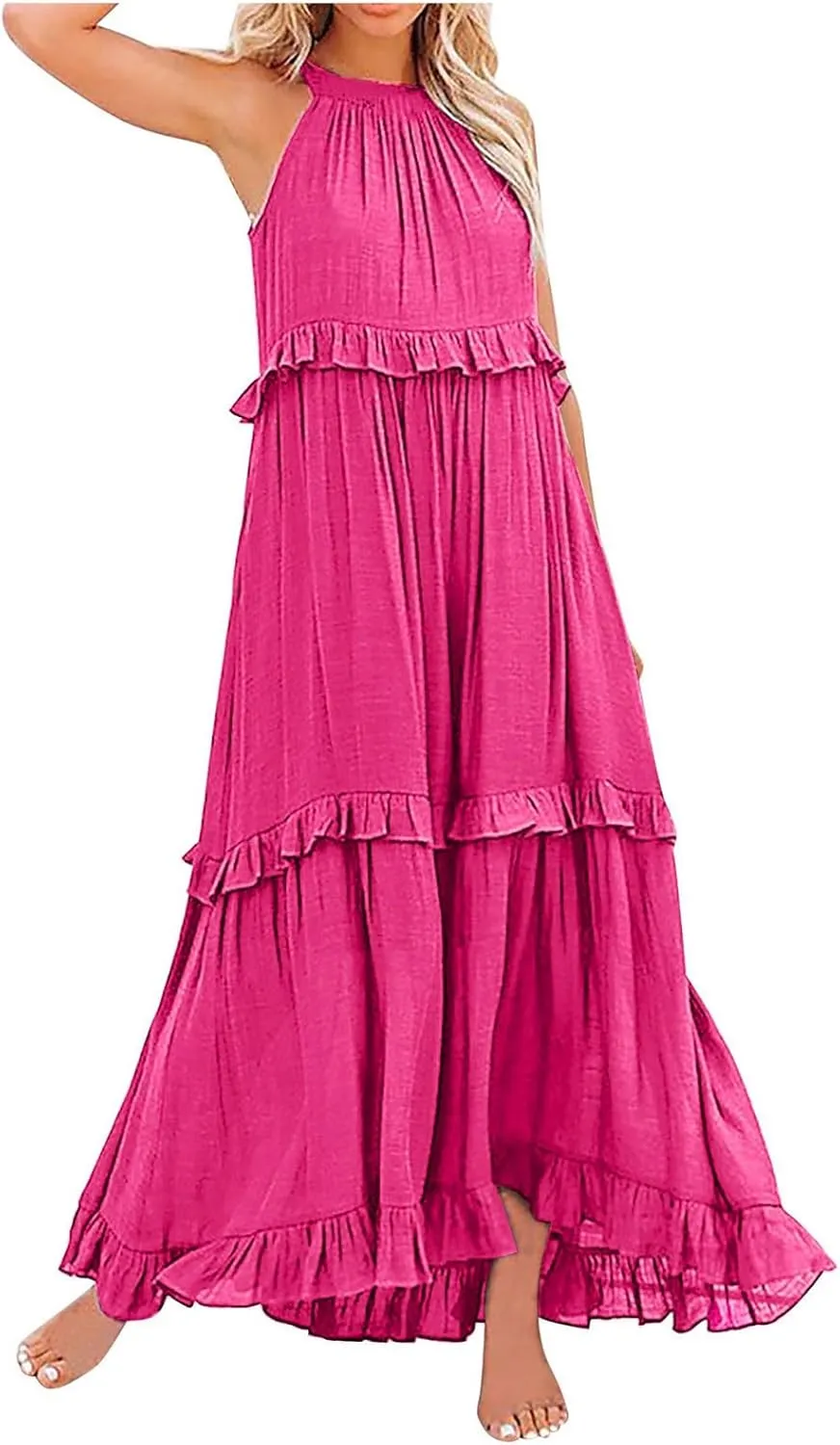 Women's Flowy Halter Neck Sleeveless Asymmetrical Hem Maxi Long Dress Boho Print Tiered Casual Flowy Long Maxi Dress