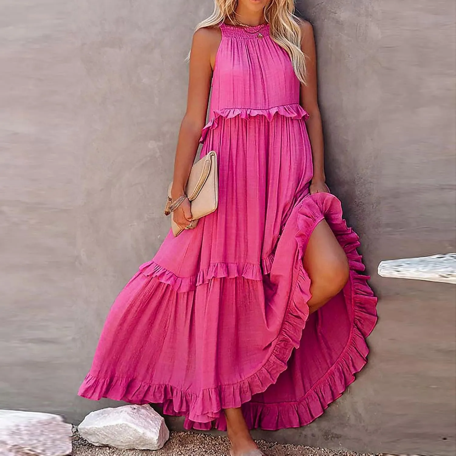Women's Flowy Halter Neck Sleeveless Asymmetrical Hem Maxi Long Dress Boho Print Tiered Casual Flowy Long Maxi Dress