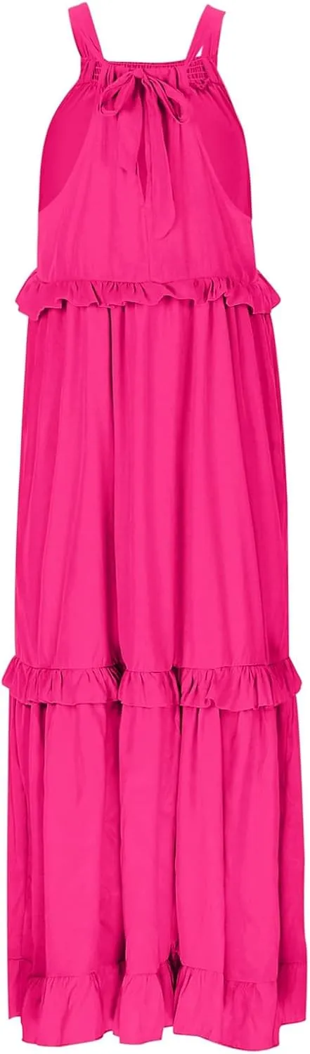 Women's Flowy Halter Neck Sleeveless Asymmetrical Hem Maxi Long Dress Boho Print Tiered Casual Flowy Long Maxi Dress