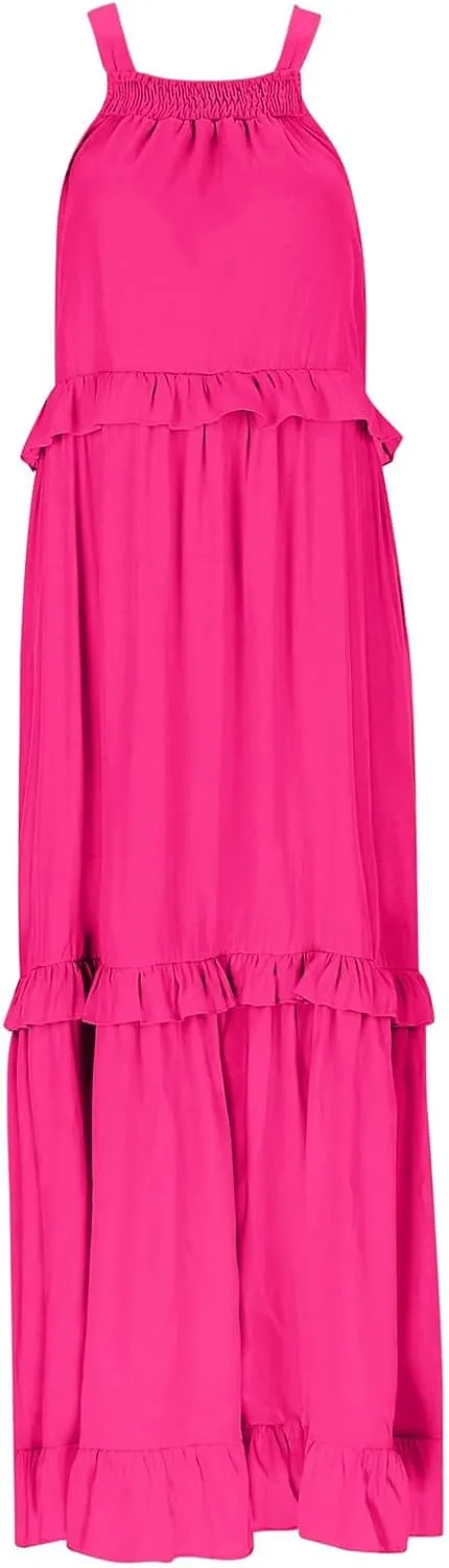 Women's Flowy Halter Neck Sleeveless Asymmetrical Hem Maxi Long Dress Boho Print Tiered Casual Flowy Long Maxi Dress