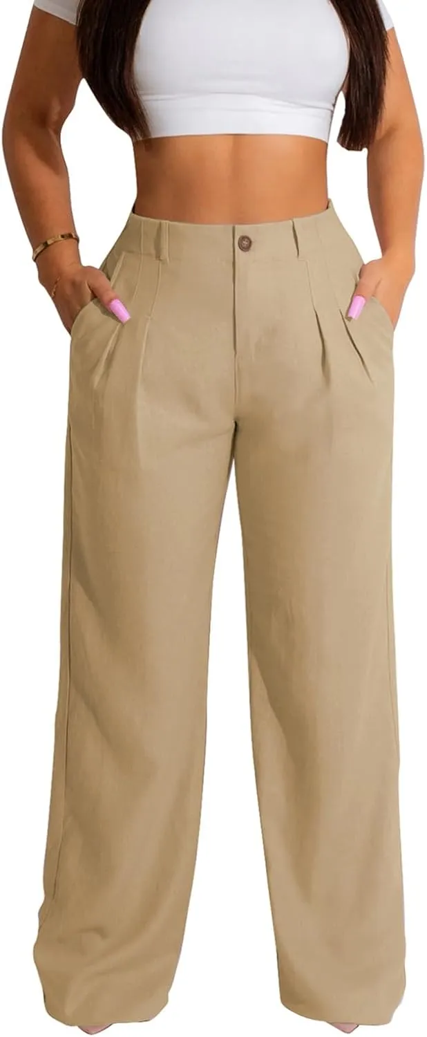 Women's High Waist Linen Pants Summer Straight Leg Long Linen Trousers with Pockets
