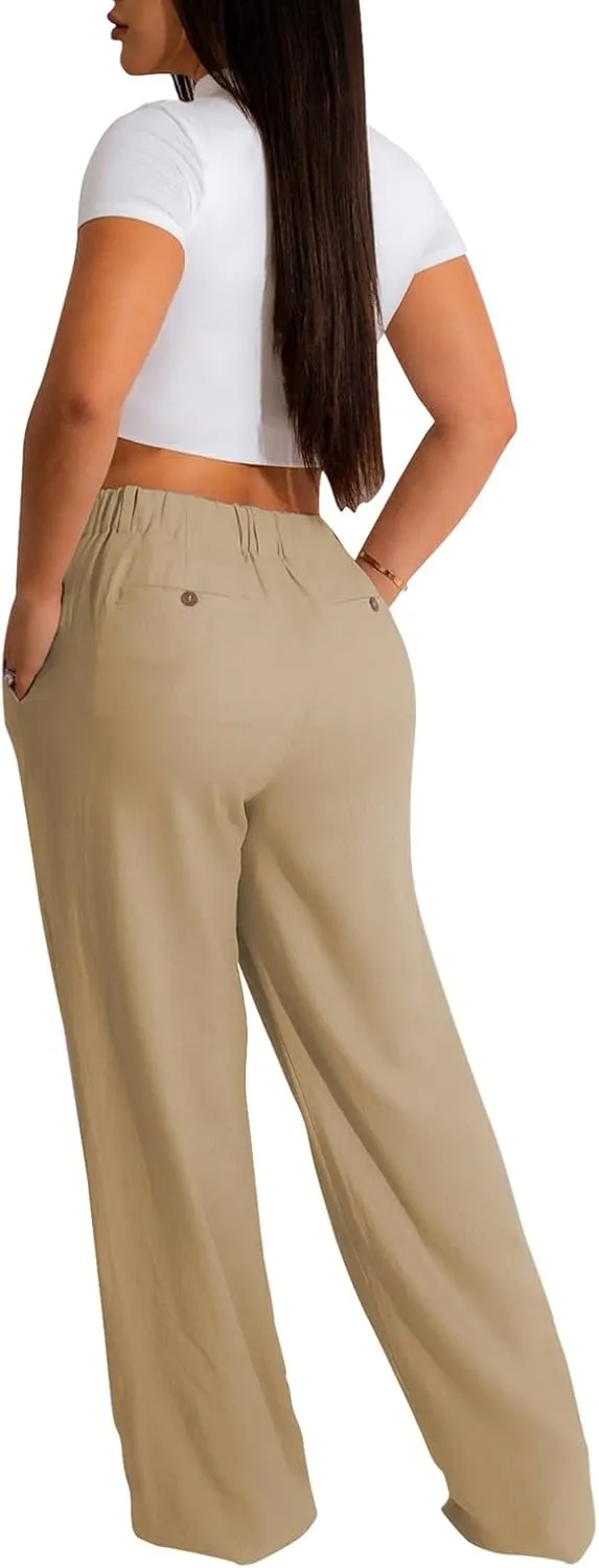 Women's High Waist Linen Pants Summer Straight Leg Long Linen Trousers with Pockets