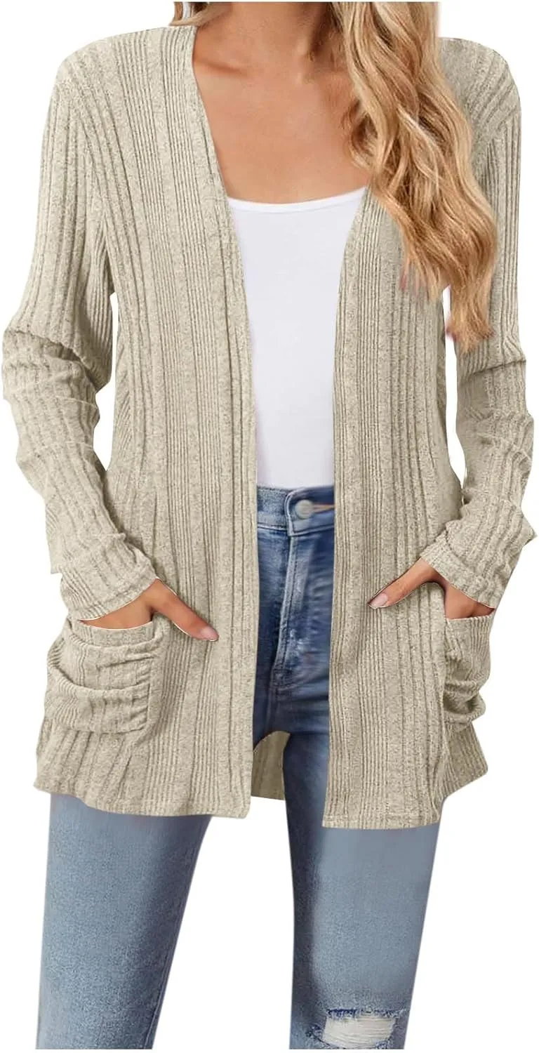 Womens Long Sleeve Cardigan Sweater Coat 2025 Lightweight Soft Knit Cardigan Casual V Neck Soft Coat with Pockets