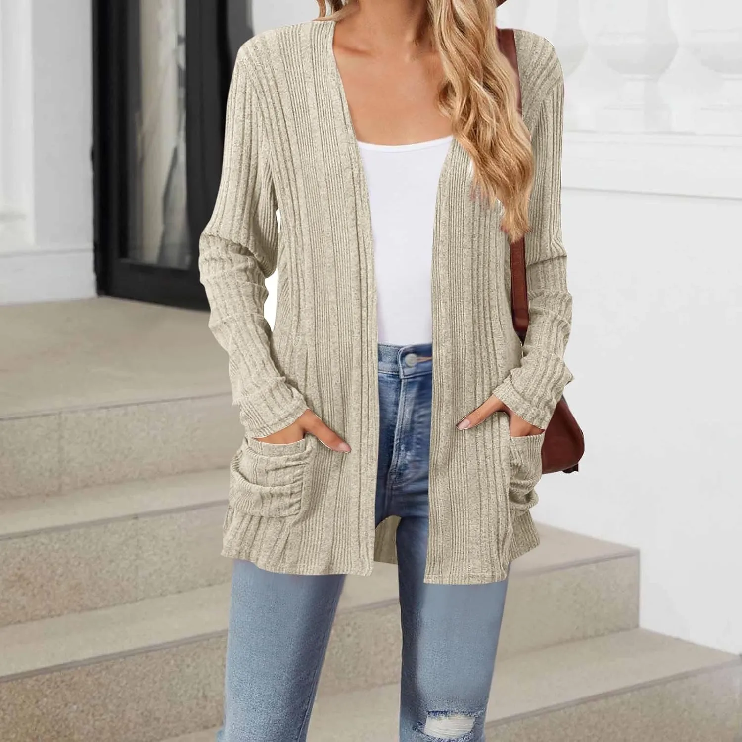 Womens Long Sleeve Cardigan Sweater Coat 2025 Lightweight Soft Knit Cardigan Casual V Neck Soft Coat with Pockets