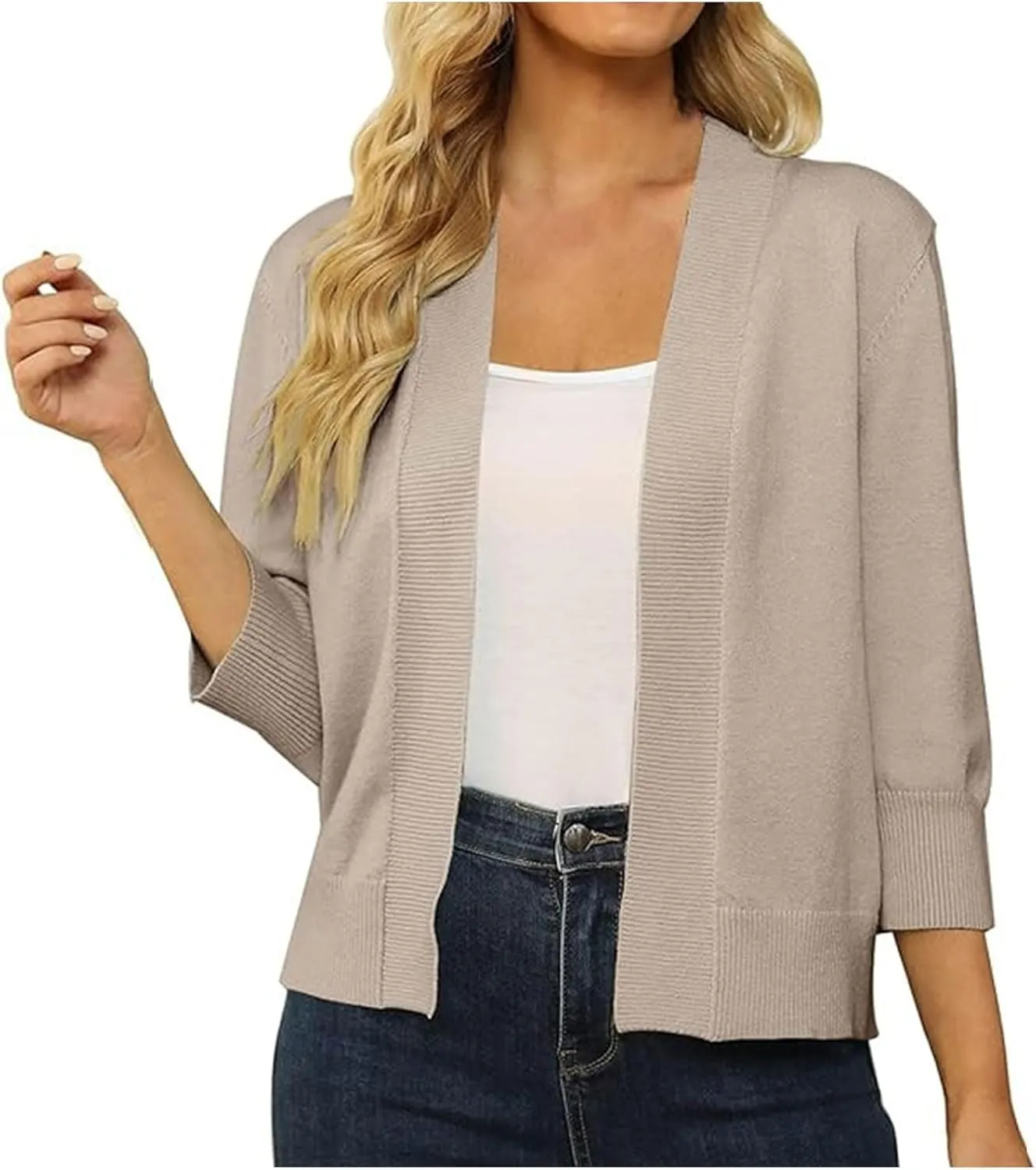 Women's Loose 3/4 Sleeve Cardigan Knitted Sweater Solid Color Cropped Tops Casual Soft Fall Blouse Outwear Coat