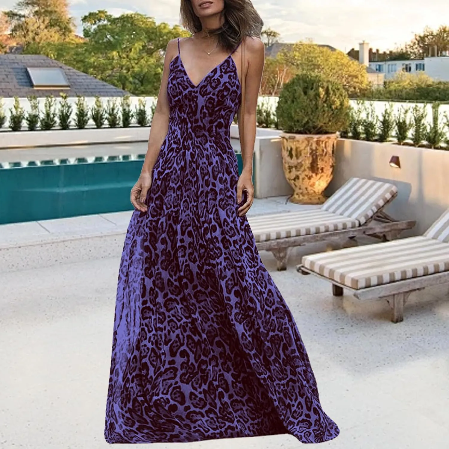 Women's Maxi Dress Spaghetti Strap Sleeveless V Neck Dress Leopard Printed Elegant Dresses Cocktail Party Dresses