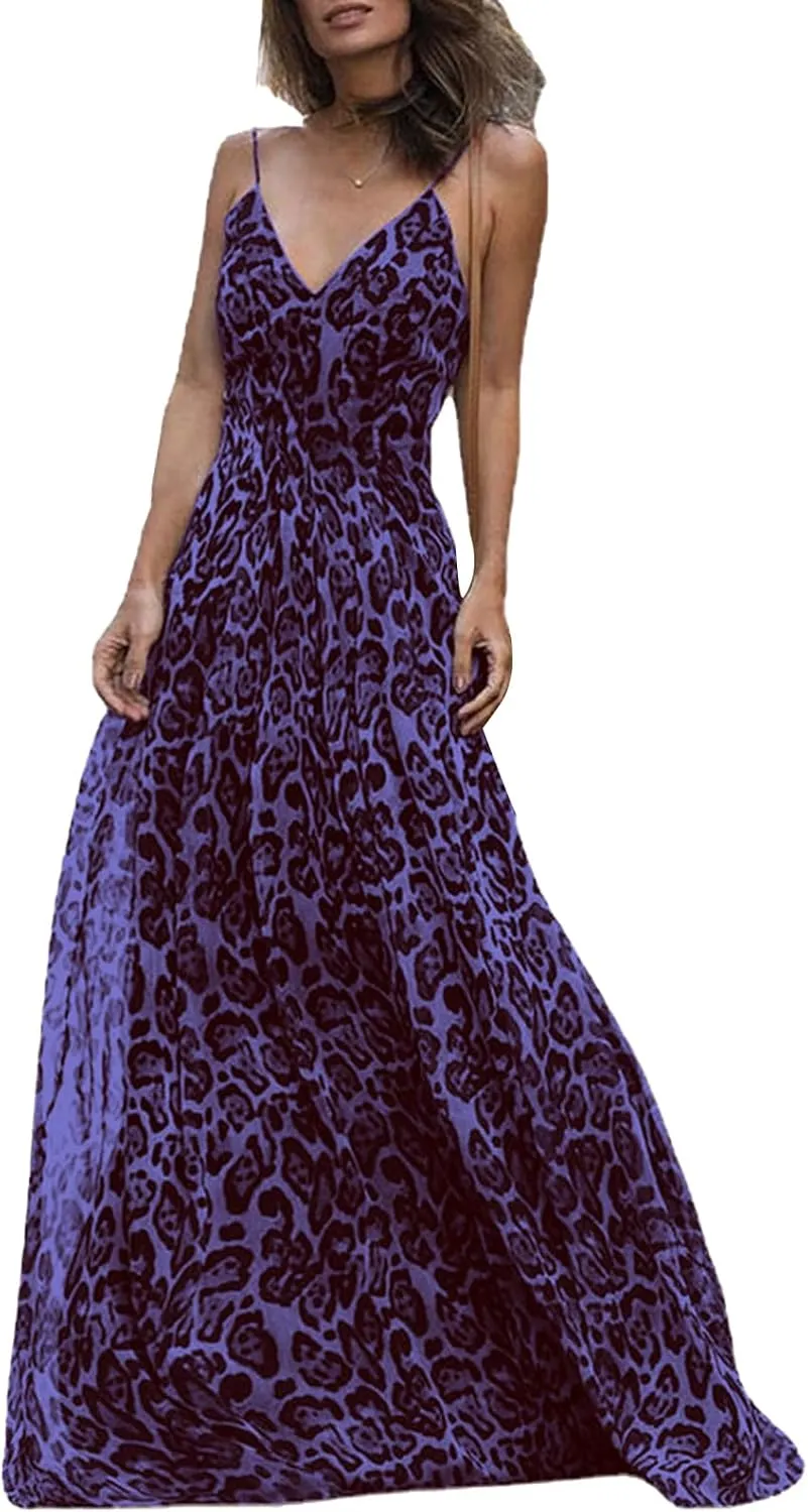 Women's Maxi Dress Spaghetti Strap Sleeveless V Neck Dress Leopard Printed Elegant Dresses Cocktail Party Dresses