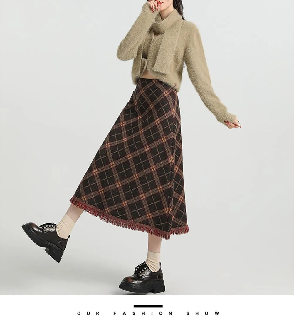 Women's Plaid Skirt Vintage Elastic Waist A-Line Pleated Tartan Winter Long Skirts