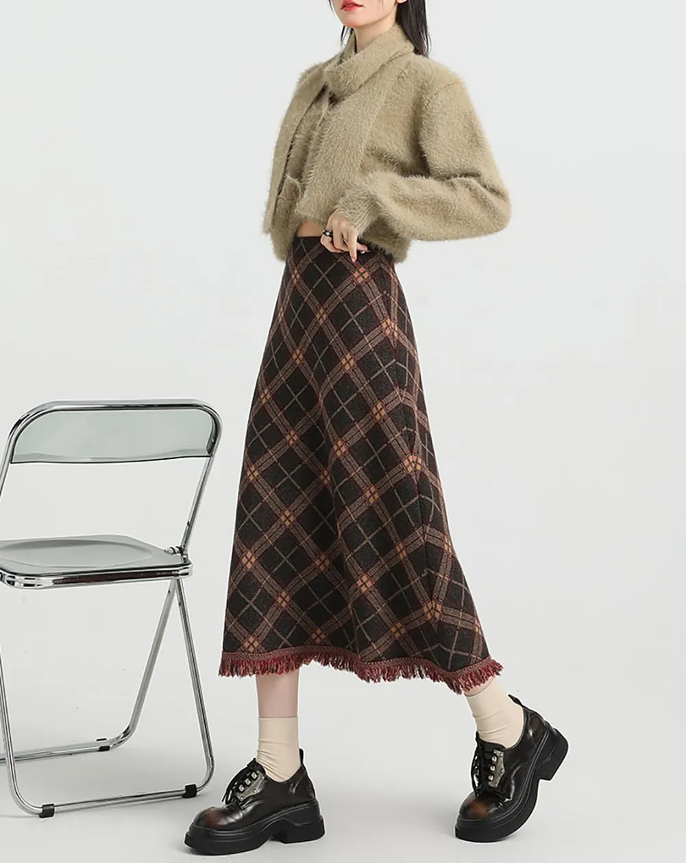 Women's Plaid Skirt Vintage Elastic Waist A-Line Pleated Tartan Winter Long Skirts