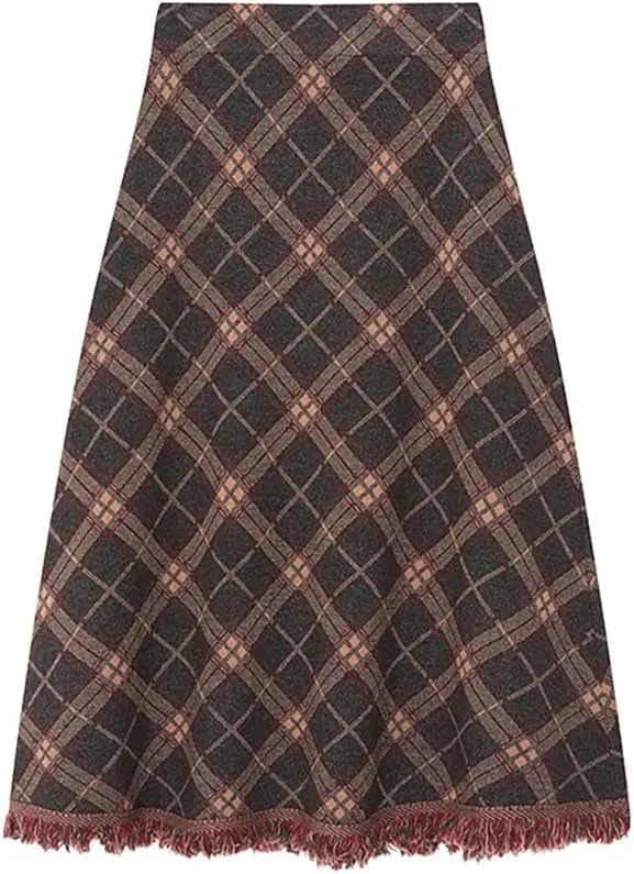 Women's Plaid Skirt Vintage Elastic Waist A-Line Pleated Tartan Winter Long Skirts