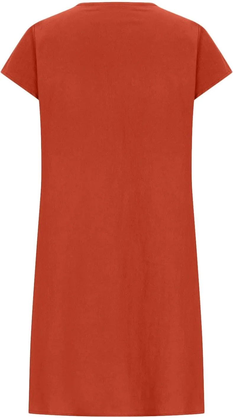 Womens Shirt Dress 2024 Cotton Linen Short Sleeve Crewneck Mini Dress Ruffle Slim Casual Summer Dress