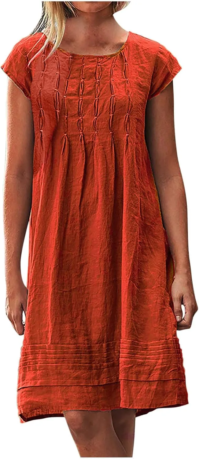 Womens Shirt Dress 2024 Cotton Linen Short Sleeve Crewneck Mini Dress Ruffle Slim Casual Summer Dress