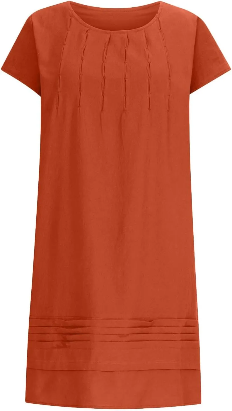 Womens Shirt Dress 2024 Cotton Linen Short Sleeve Crewneck Mini Dress Ruffle Slim Casual Summer Dress