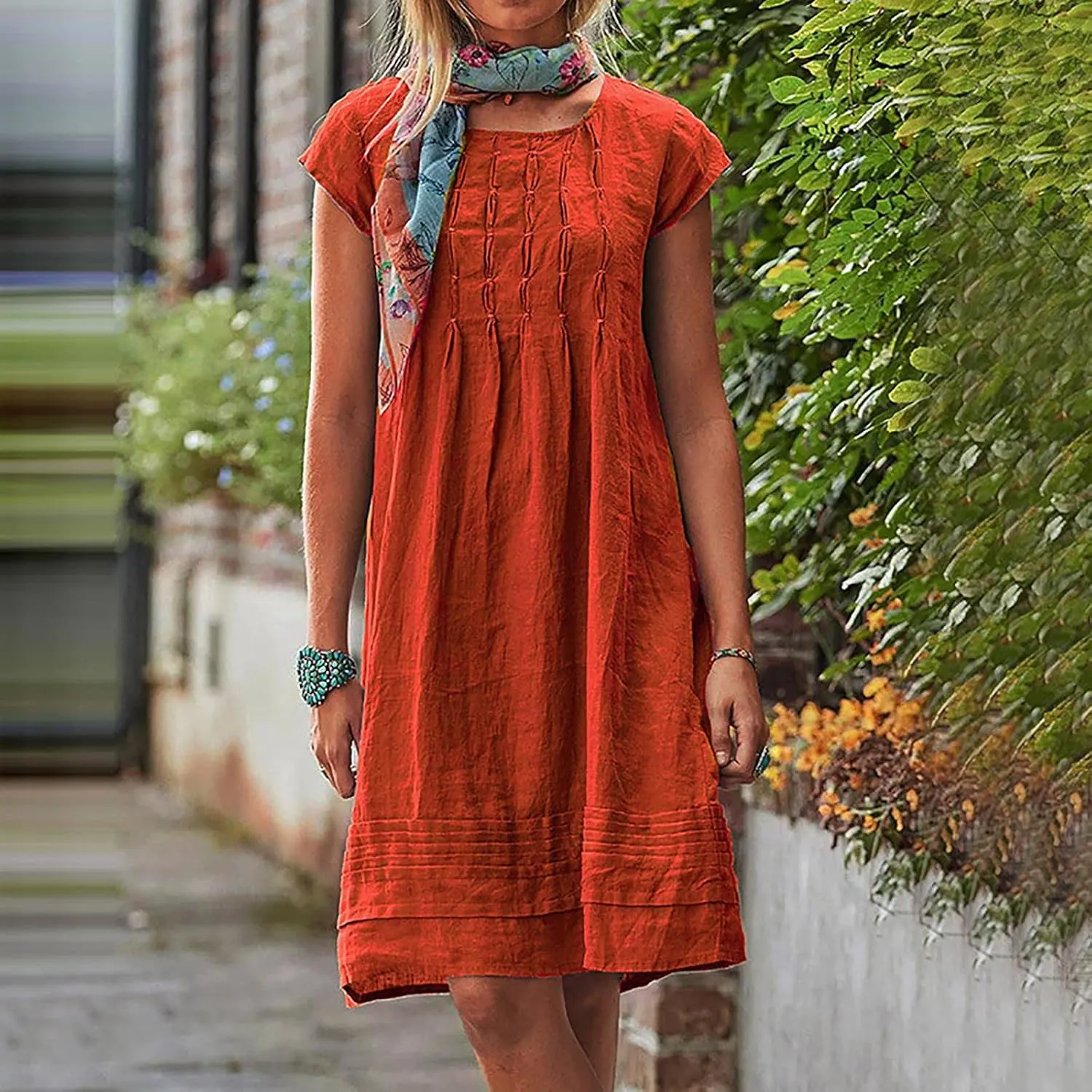 Womens Shirt Dress 2024 Cotton Linen Short Sleeve Crewneck Mini Dress Ruffle Slim Casual Summer Dress