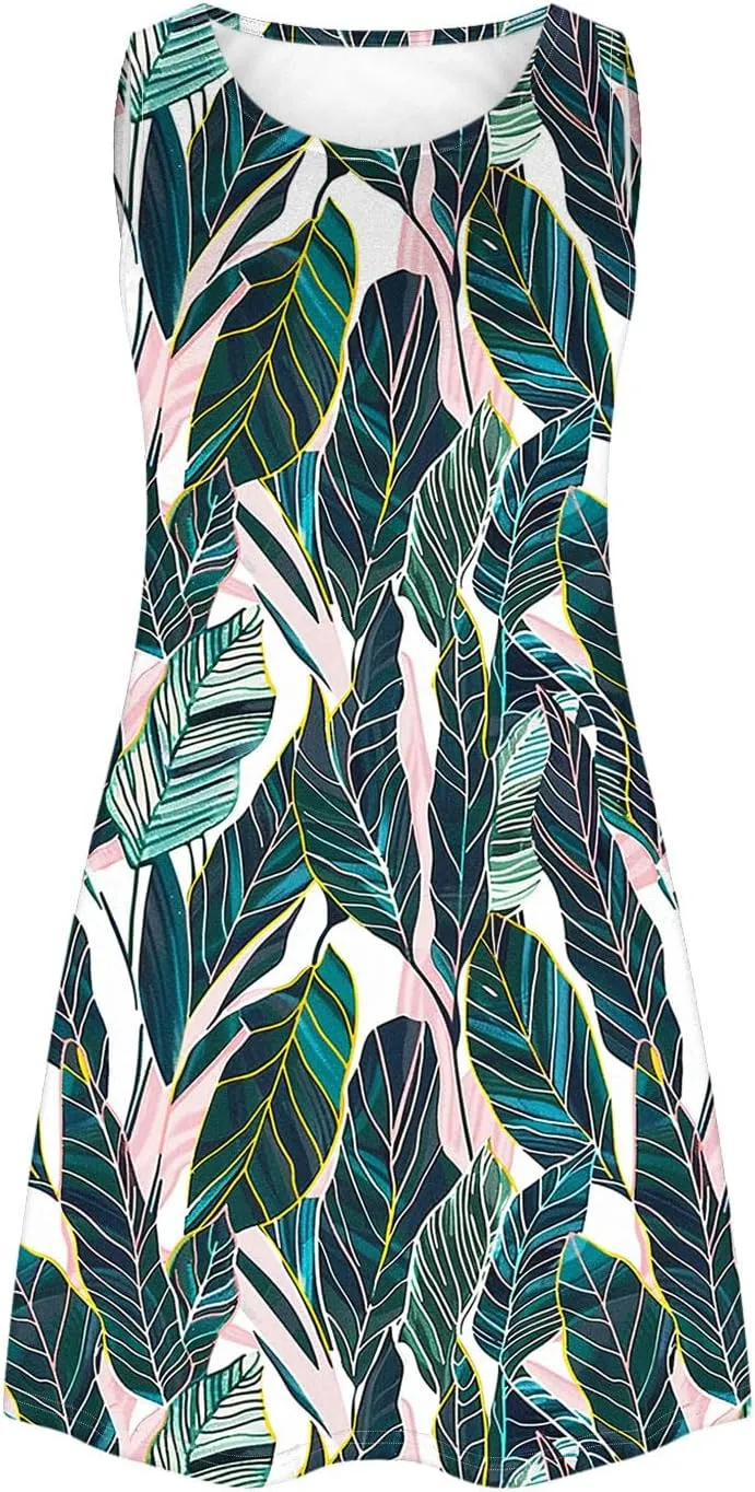 Womens Sleeveless Summer Dresses Hawaiian Print Sundress Casual Beach Dress Tropical Tank Dress with Pockets