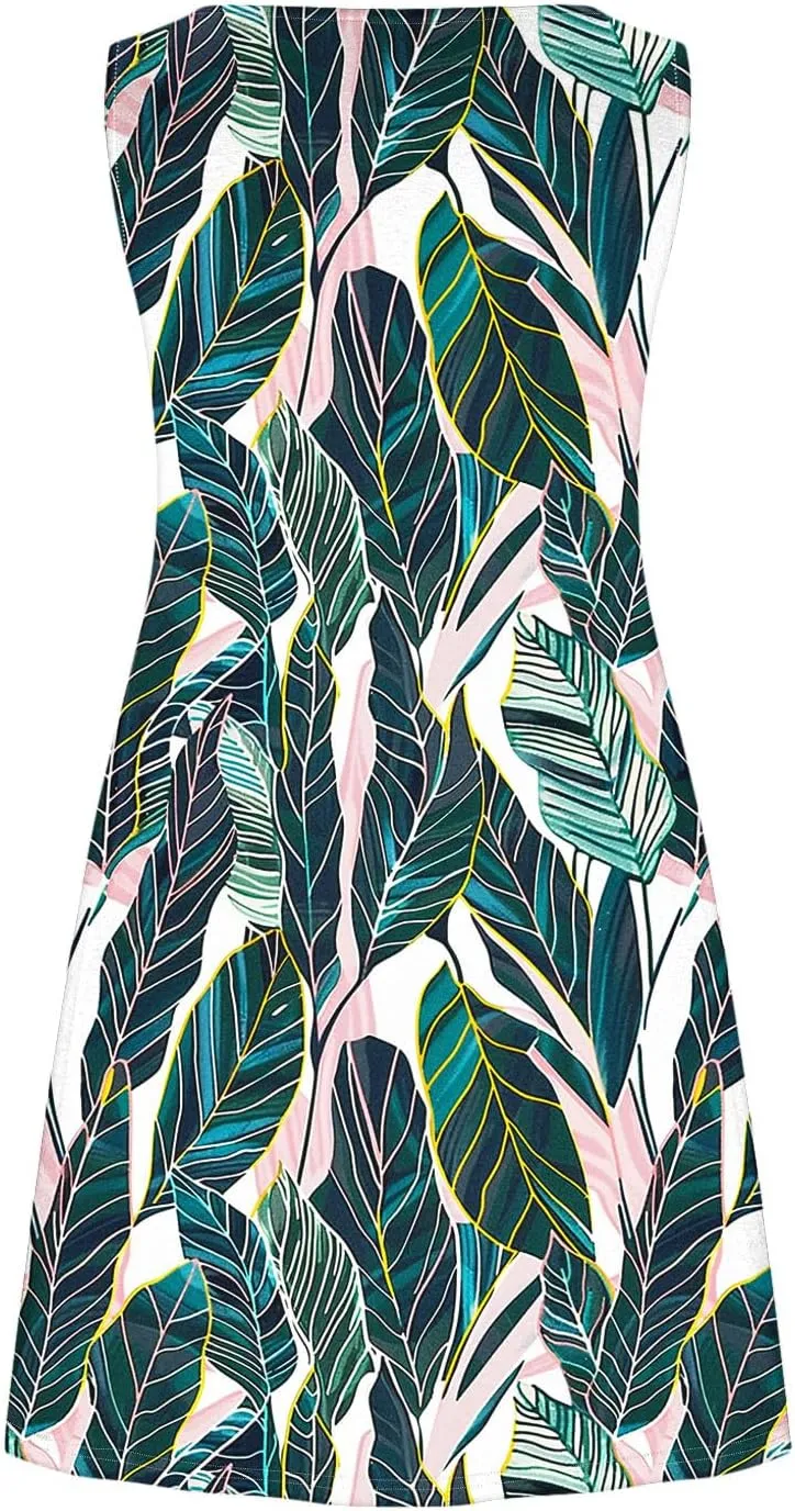 Womens Sleeveless Summer Dresses Hawaiian Print Sundress Casual Beach Dress Tropical Tank Dress with Pockets
