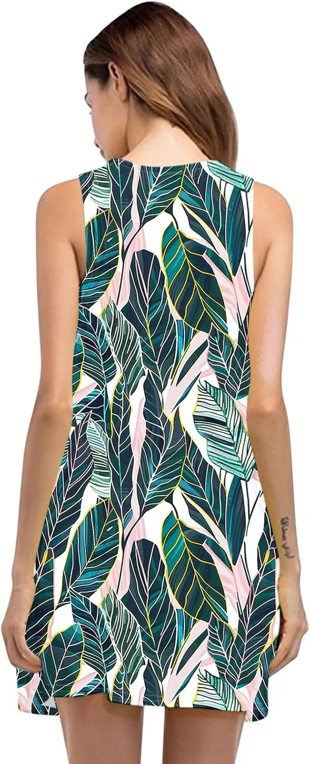 Womens Sleeveless Summer Dresses Hawaiian Print Sundress Casual Beach Dress Tropical Tank Dress with Pockets