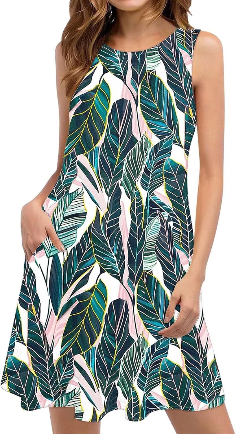 Womens Sleeveless Summer Dresses Hawaiian Print Sundress Casual Beach Dress Tropical Tank Dress with Pockets