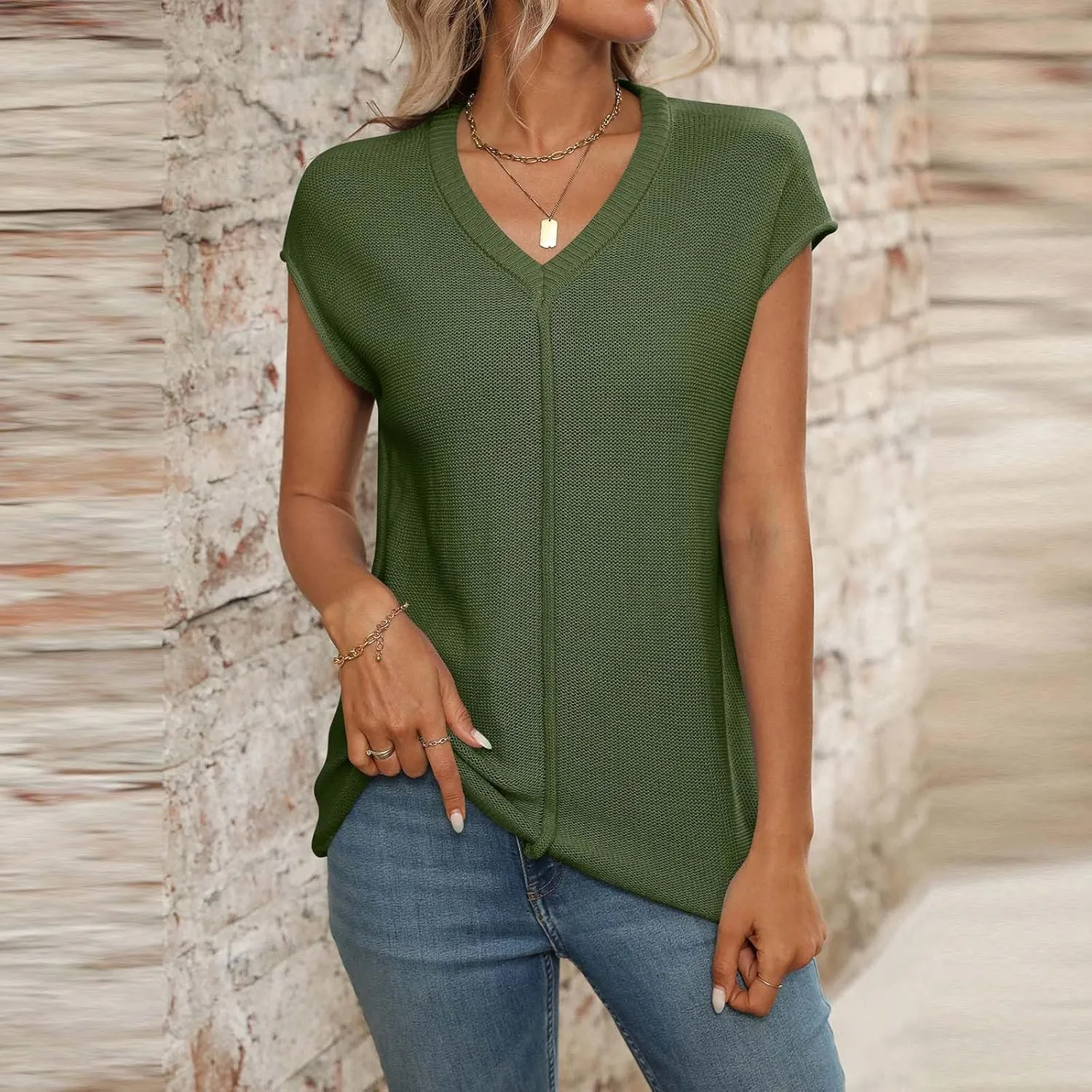 Women's Solid Color V-Neck Knit Tank Tops, Summer Loose Breathable Sleeveless Casual Shirts Lightweight Comfy Clothes