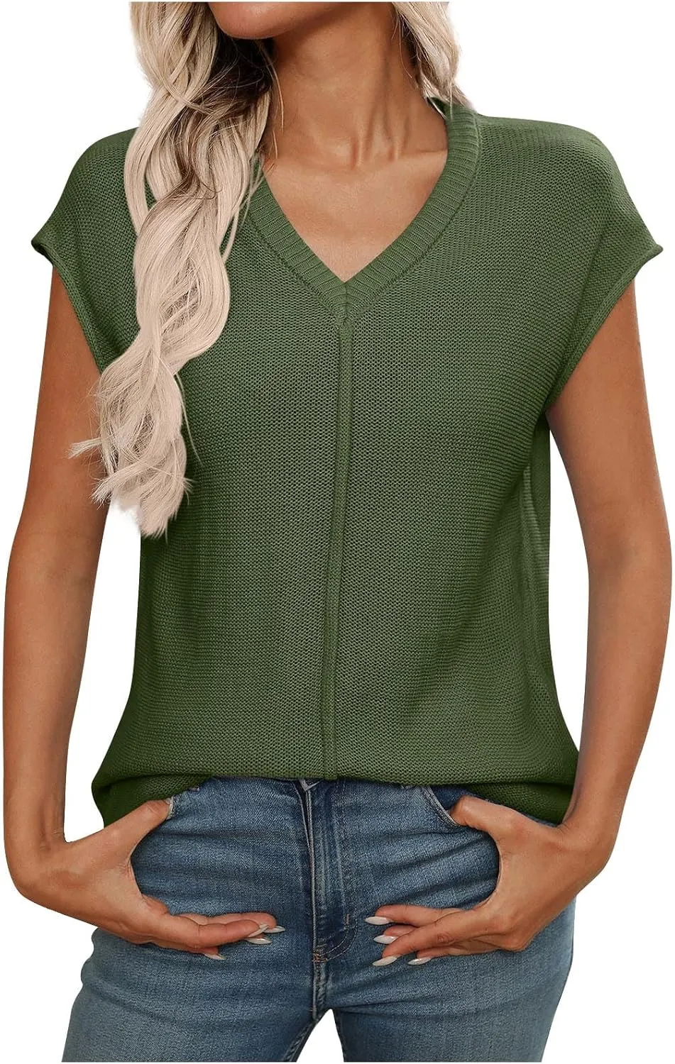 Women's Solid Color V-Neck Knit Tank Tops, Summer Loose Breathable Sleeveless Casual Shirts Lightweight Comfy Clothes