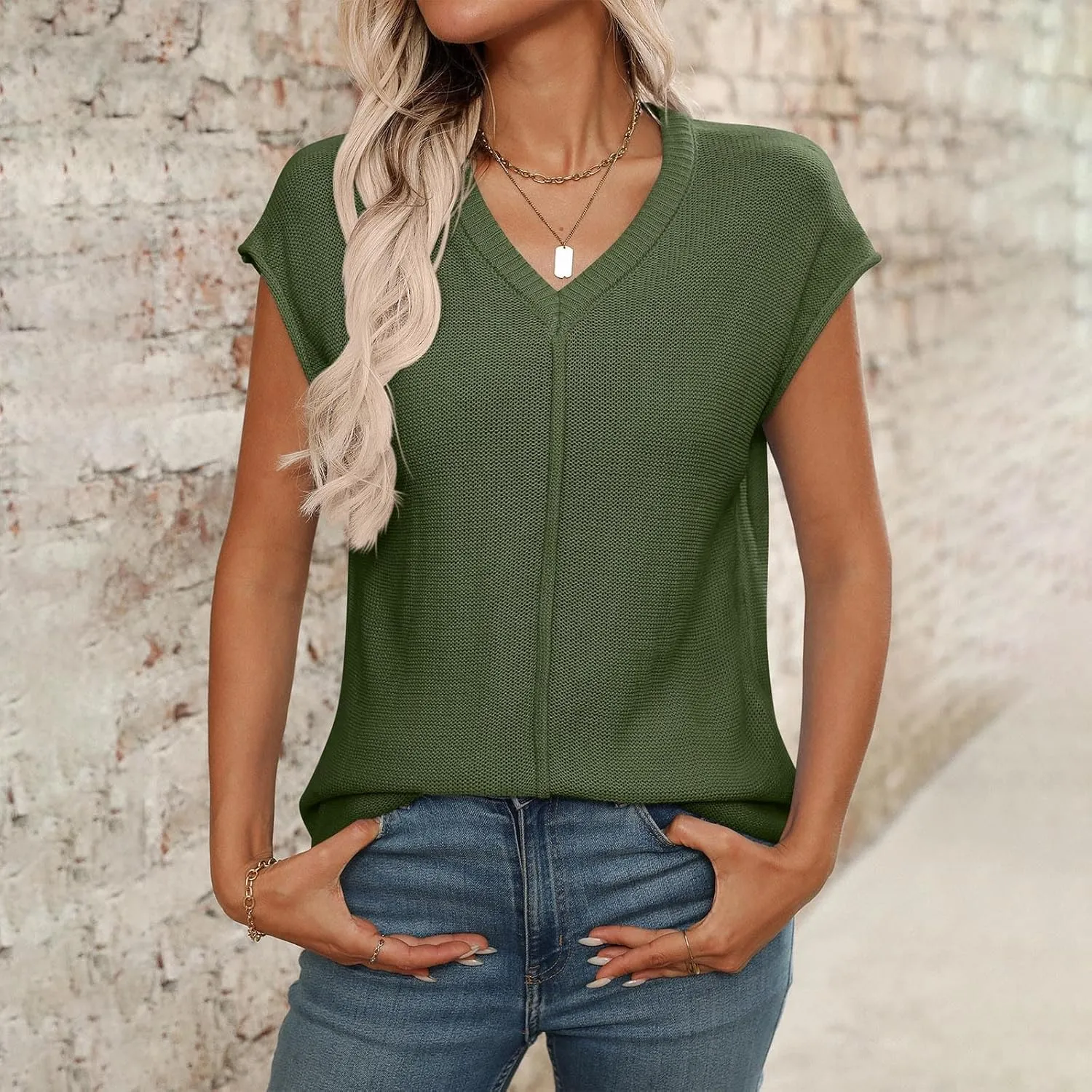 Women's Solid Color V-Neck Knit Tank Tops, Summer Loose Breathable Sleeveless Casual Shirts Lightweight Comfy Clothes