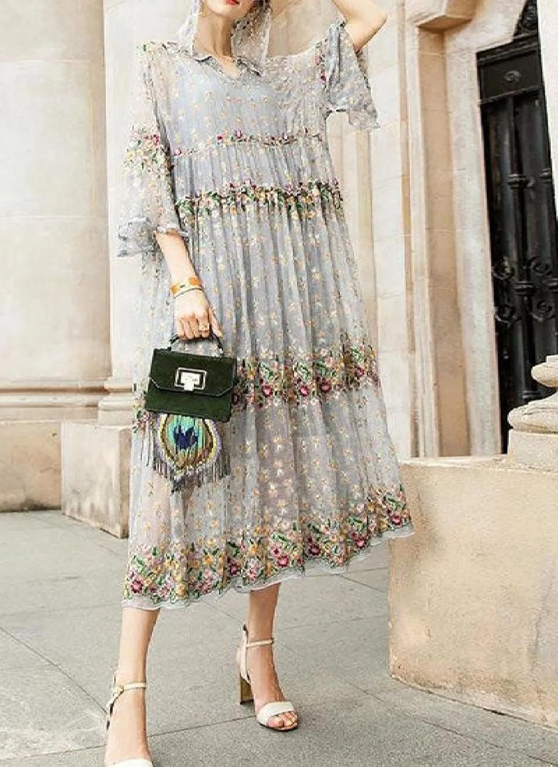 Women's Stylish Floral Print Hoodie Midi Dress Long Sleeve Shift Casual Loose Flowy Beach Sundress Tiered Tulle Dress