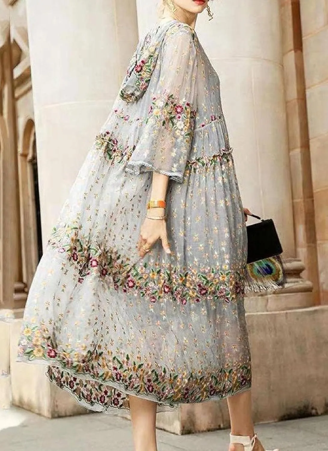Women's Stylish Floral Print Hoodie Midi Dress Long Sleeve Shift Casual Loose Flowy Beach Sundress Tiered Tulle Dress