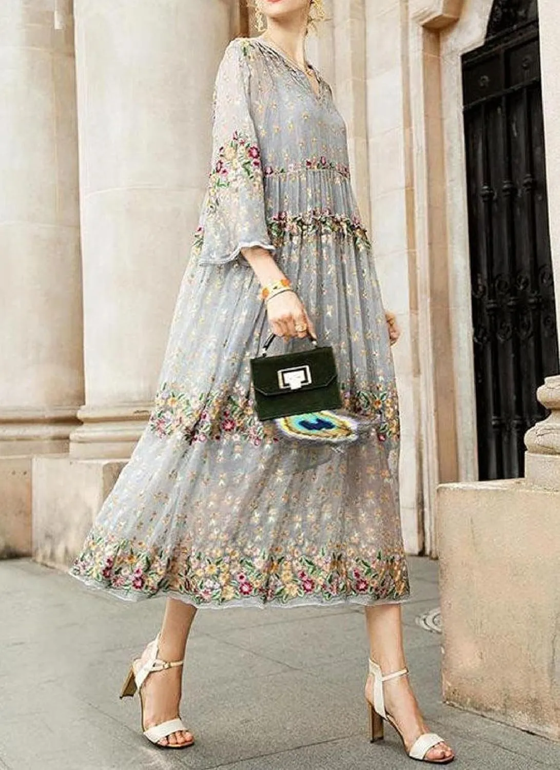 Women's Stylish Floral Print Hoodie Midi Dress Long Sleeve Shift Casual Loose Flowy Beach Sundress Tiered Tulle Dress
