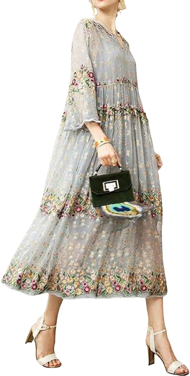 Women's Stylish Floral Print Hoodie Midi Dress Long Sleeve Shift Casual Loose Flowy Beach Sundress Tiered Tulle Dress