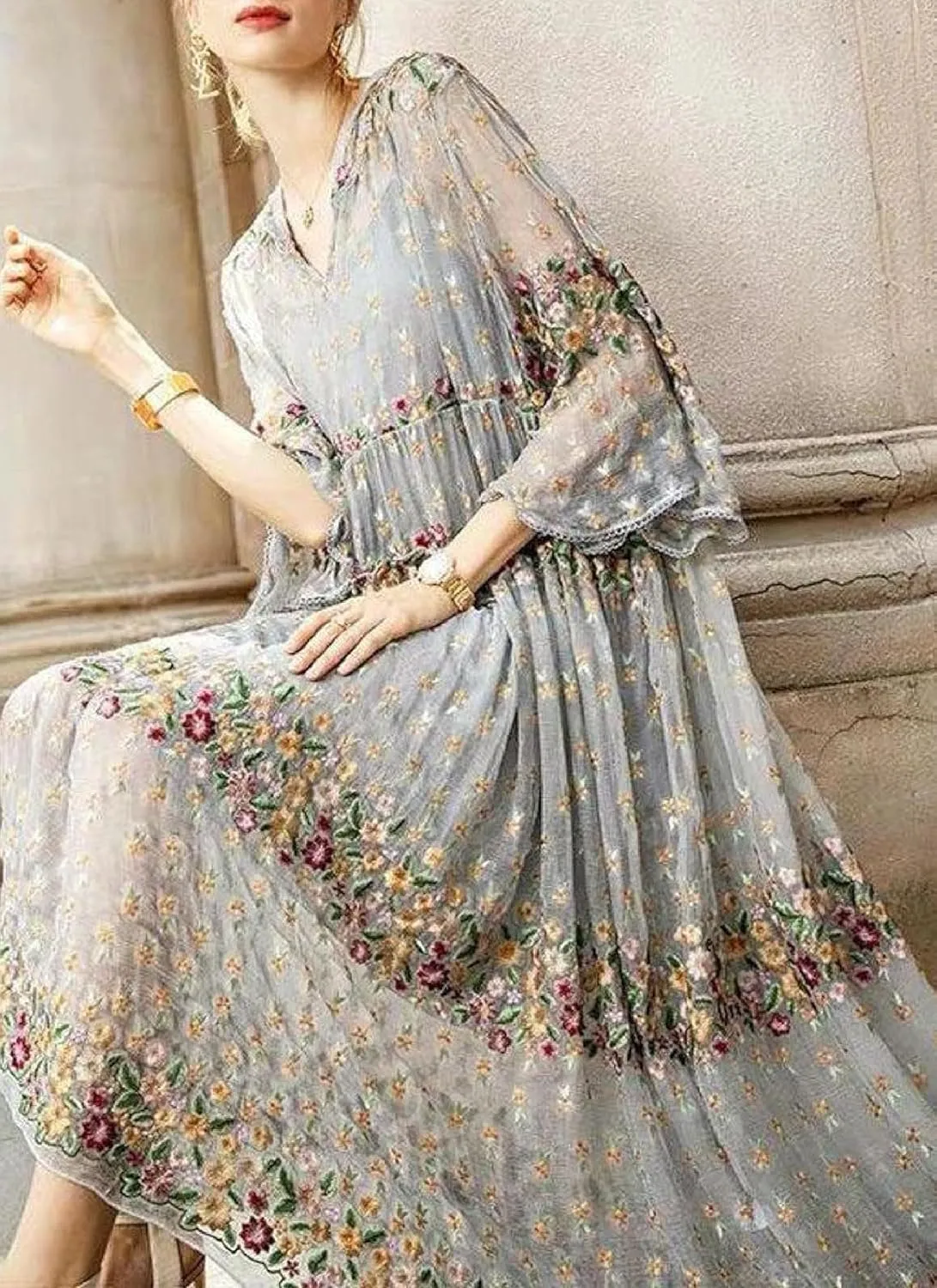 Women's Stylish Floral Print Hoodie Midi Dress Long Sleeve Shift Casual Loose Flowy Beach Sundress Tiered Tulle Dress