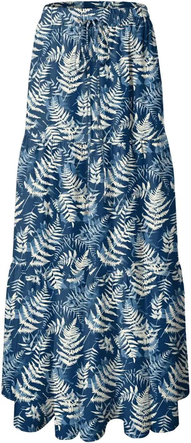 Women's Summer Boho Floral Maxi Skirts High Waisted Flowy Swing Beach Long Skirt with Pockets