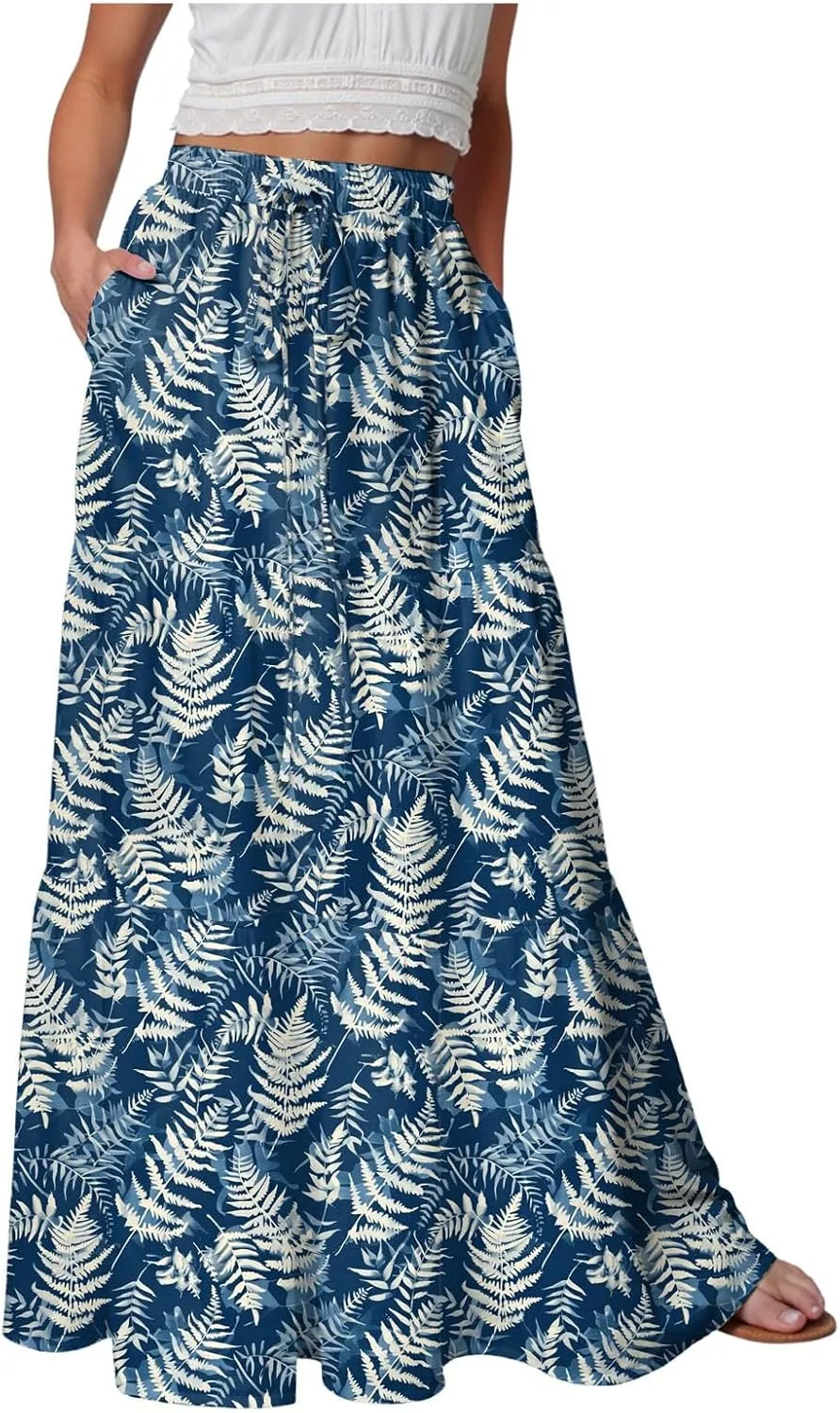 Women's Summer Boho Floral Maxi Skirts High Waisted Flowy Swing Beach Long Skirt with Pockets