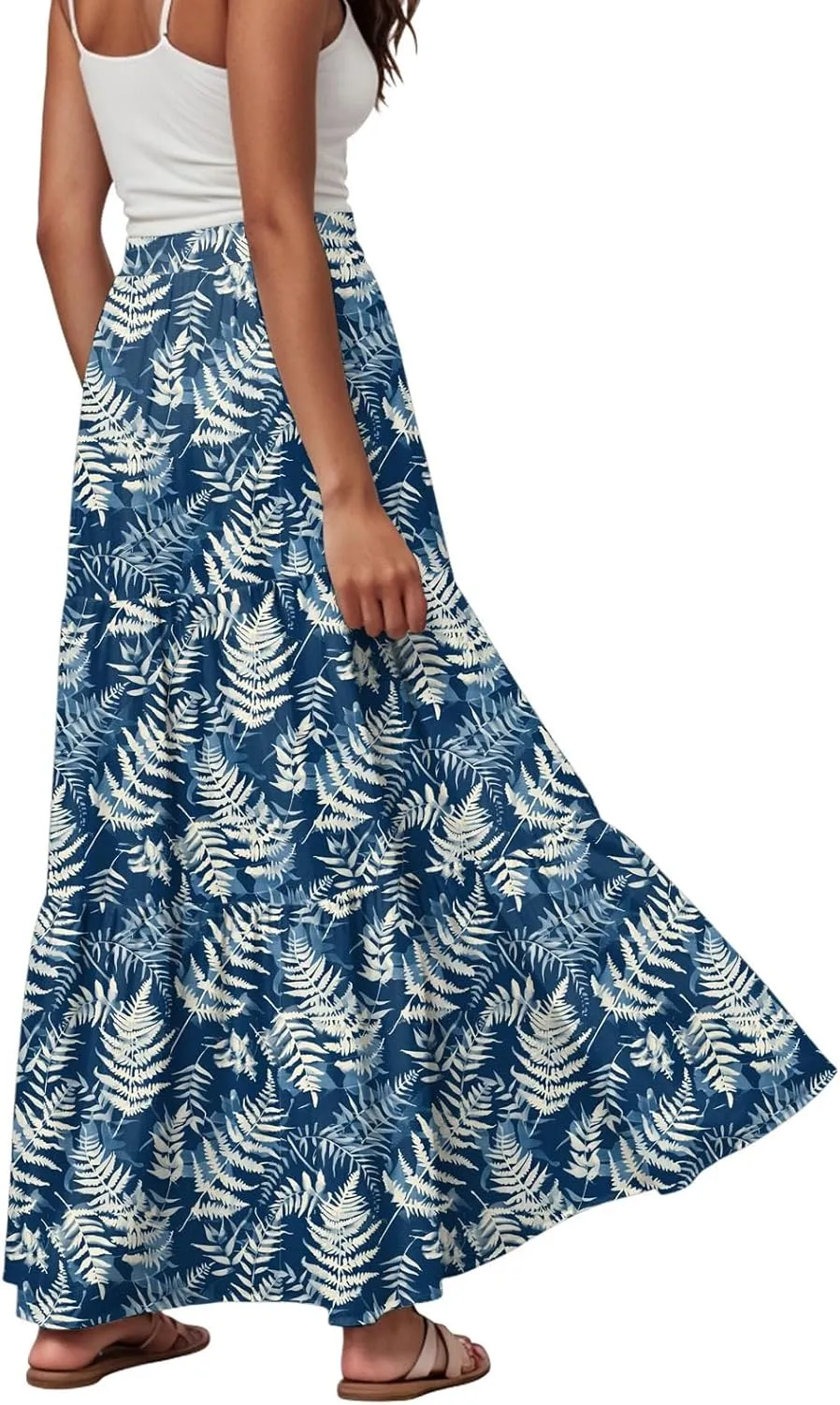 Women's Summer Boho Floral Maxi Skirts High Waisted Flowy Swing Beach Long Skirt with Pockets
