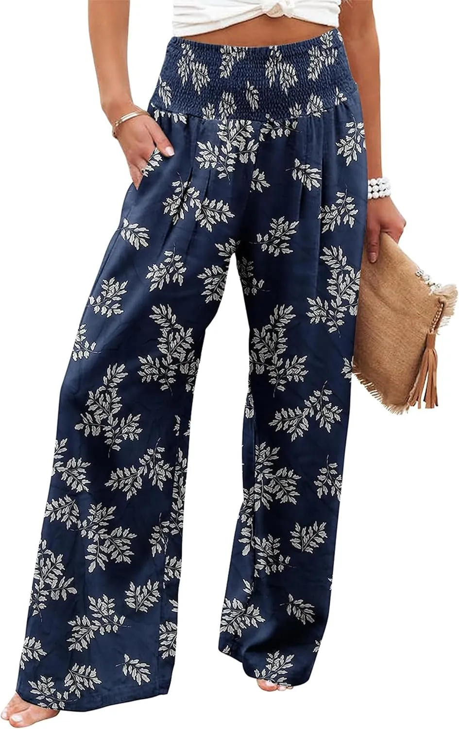 Womens Wide Leg Palazzo Dress Pants Elastic High Waisted Lounge Long Flowy Trousers Pant with Pocket