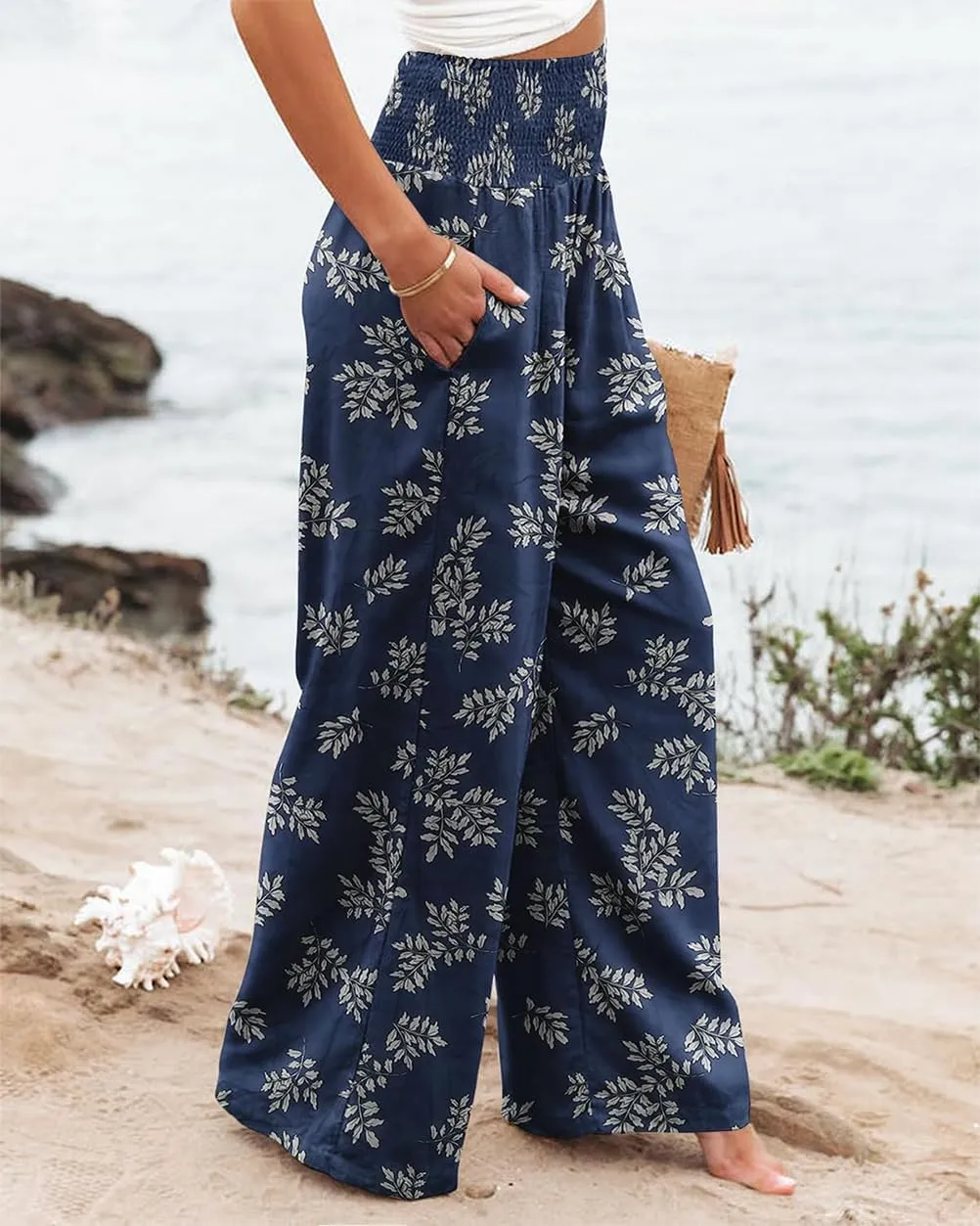 Womens Wide Leg Palazzo Dress Pants Elastic High Waisted Lounge Long Flowy Trousers Pant with Pocket